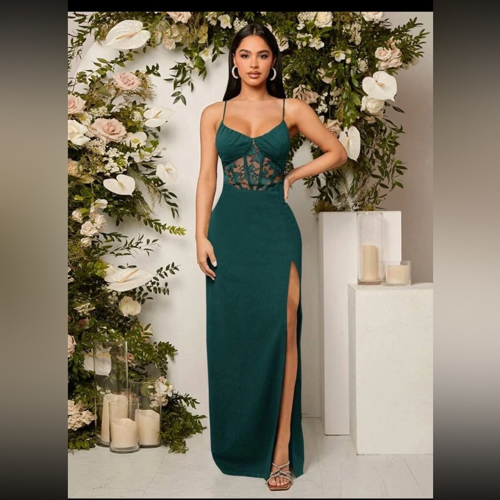 SHEIN Belle Contrast Lace Split Thigh Cami Dress Elegant Formal